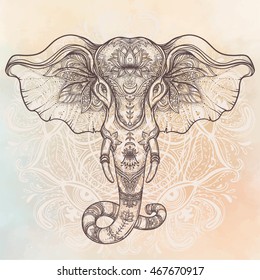 Beautiful hand-drawn tribal style elephant. Tattoo dotwork design with boho patterns over vintage background. Ethnic background, spiritual art, yoga. Indian god Ganesha, Thai symbol. T-shirt, posters.