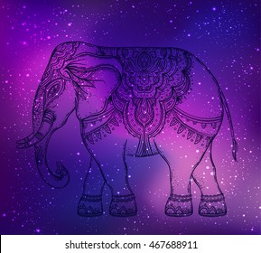 Beautiful hand-drawn tribal style elephant over night sky.  Elegant design with boho pattern over vintage background. Ethnic, spiritual art, yoga. Indian god Ganesha, Thai symbol. 