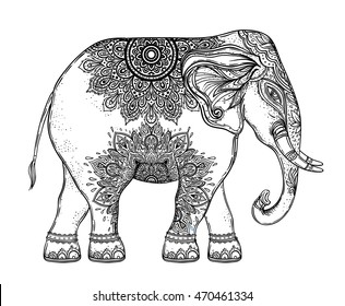 Beautiful hand-drawn tribal style elephant. Coloring book design with boho mandala patterns, ornaments. Ethnic background, spiritual art, yoga. Indian god Ganesha, Thai symbol. T-shirt print, posters.