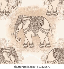 Beautiful hand-drawn tribal style elephant. Seamless pattern design, ornaments. Ethnic background, spiritual art, yoga. Indian god Ganesha, Thai symbol. T-shirt print, posters