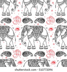 Beautiful hand-drawn tribal style elephant. Seamless pattern design, ornaments. Ethnic background, spiritual art, yoga. Indian god Ganesha, Thai symbol. T-shirt print, posters