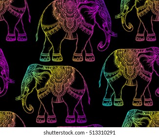 Beautiful hand-drawn tribal style elephant. Seamless pattern design, ornaments. Ethnic background, spiritual art, yoga. Indian god Ganesha, Thai symbol. T-shirt print, posters