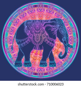 Beautiful hand-drawn tribal style elephant over mandala. Colorful design with boho pattern, psychedelic ornaments. Ethnic poster, spiritual art, yoga. Indian god Ganesha, Indian symbol. T-shirt print. svg