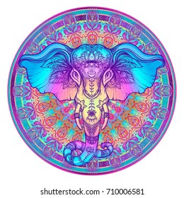 Beautiful hand-drawn tribal style elephant over mandala. Colorful design with boho pattern, psychedelic ornaments. Ethnic poster, spiritual art, yoga. Indian god Ganesha, Indian symbol. T-shirt print.