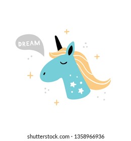 Beautiful hand-drawn Unicorn Face. Doodle cartoon illustration with text and magic. Vector. Good for children's games, t-shirt, books or cards.