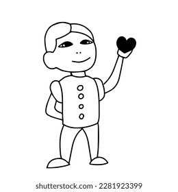 Beautiful hand-drawn vector illustration of a boy isolated on a white background for coloring book. The boy is giving a black heart
