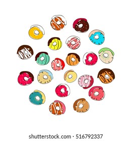 Beautiful hand-drawn vector illustration of donuts in a circle. Sketch style donut. Donut for your design.