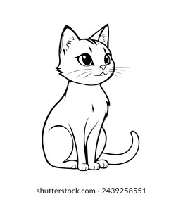 Beautiful hand-drawn vector illustration of funny cat sitting on a white background for coloring book for children