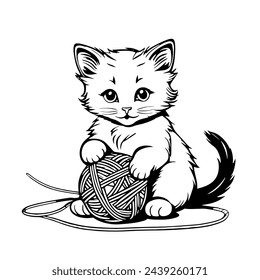 Hermosa ilustración vectorial dibujada a mano de gato divertido jugando con una bola de hilo en un fondo blanco para colorear libro para niños