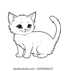 Beautiful hand-drawn vector illustration of funny cat sitting on a white background for coloring book for children