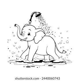 Beautiful hand-drawn vector illustration of funny elephant taking a shower isolated on a white background for coloring book for children