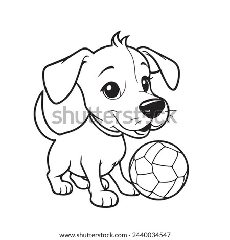 Beautiful hand-drawn vector illustration of funny dog playing with a ball on a white background for coloring book for children