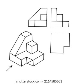 Hermosa ilustración vectorial hecha a mano de una figura geométrica en tres proyecciones aisladas en un fondo blanco para libro de colorantes para niños
