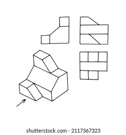 Eine schöne handgezeichnete Vektorgrafik einer geometrischen Figur in drei Projektionen einzeln auf weißem Hintergrund für das Farbbuch für Kinder