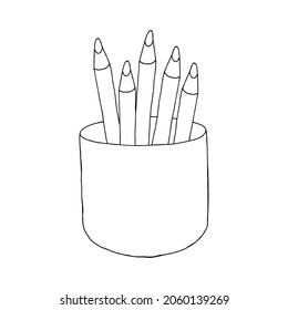 A Beautiful hand-drawn vector illustration of a group of pencils in a cup isolated on a white background for coloring book for children