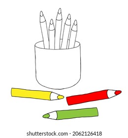 Hermosa ilustración vectorial hecha a mano de un grupo de lápices de colores en una taza aislada en un fondo blanco para libro de colorear para niños