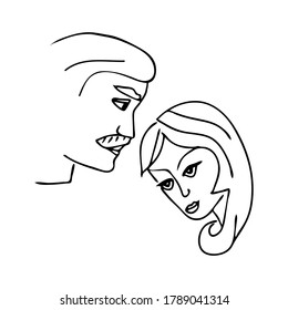 Beautiful hand-drawn vector illustration of heads of a young couple in love man and woman isolated on a white background