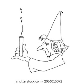 Beautiful hand-drawn vector illustration of the old sorcerer is making the experience with a beaker on a white background for coloring book