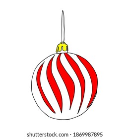 Beautiful hand-drawn vector illustration of one toy Christmas red and white ball with texture isolated on a white background for coloring book for children