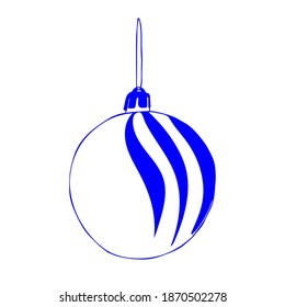 Beautiful hand-drawn vector illustration of one toy Christmas blue and white ball with texture isolated on a white background for coloring book for children