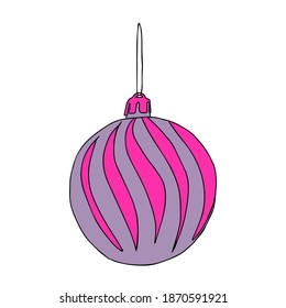 Beautiful hand-drawn vector illustration of one toy Christmas pink and white ball with texture isolated on a white background for coloring book for children