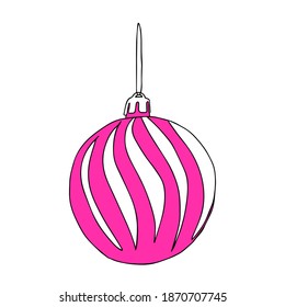 Beautiful hand-drawn vector illustration of one toy Christmas pink and white ball with texture isolated on a white background for coloring book for children