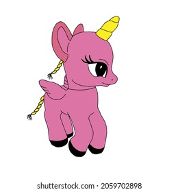 Hermosa ilustración vectorial hecha a mano de un unicornio de juguete rosa aislado en un fondo blanco