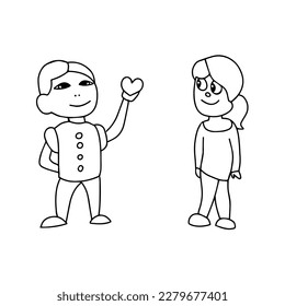 Beautiful hand-drawn vector illustration of a pair of children a boy and a girl isolated on a white background for coloring book. The boy is giving a heart to the girl.