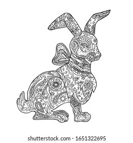Beautiful handdrawn vector illustration of rabbit with bow in outline style inspired with zentangle. Black contour animal isolated on the transparent background