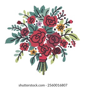 Beautiful hand-drawn vector illustration of a rose bouquet with vibrant red and green accents, perfect for romantic or decorative designs. Isolated on white background.