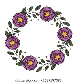A beautiful hand-drawn vector wreath made of delicate aster flowers and green leaves. Perfect for invitations, greeting cards, logos, and seasonal designs