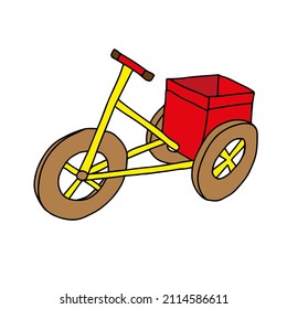 A Beautiful hand-drawn yellow and brown vector illustration of a wooden bike with a red box for children isolated on a white background