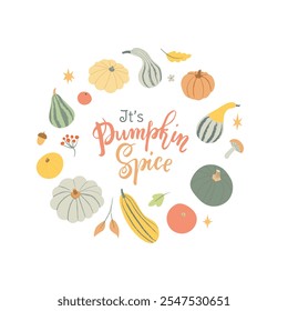 Beautiful hand-lettering in wreath of the harvest elements such as pumpkins, gourds, berries and autumn leaves. Vector illustration isolated on white background