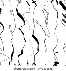 Beautiful hand-made abstract lines in simple minimalistic seamless pattern. Dry black ink brush and curve lines on white background. Abstract seamless black and white pattern