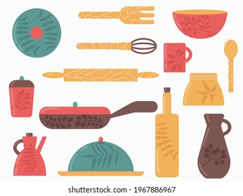 Beautiful handmade ceramic set. Flat vector illustration. Decorative tableware isolated on white background. Kitchen utensils.