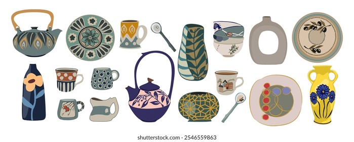 Beautiful handmade ceramics flat vector illustration. Decorative tableware isolated on transparent background. Kitchen utensils and dinnerware. Restaurant faience.