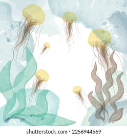 Beautiful handmade watercolor seascape with jellyfish and seaweed at the bottom of the sea. Vector illustration to include texts and messages or to decorate