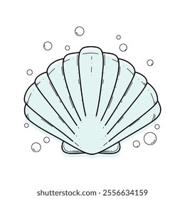 A beautiful hand-painted seashell isolated on white, modern contour line illustration with a colored background. Decorative underwater element for decoration, decoration, labels, flat design