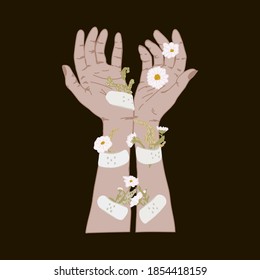 Beautiful hands in flowers. Vector illustration of body parts in colors attached to them. A hand-drawn clipart for social networks or your design. Vector illustration