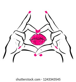 Beautiful hands making heart shape, with lips kiss, manicure nails, hand drawn,  vector illustration.