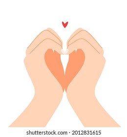 Hermosas manos con forma de corazón para expresar el sentimiento de amor caricatura ilustración vectorial plana aislada en fondo blanco. Enviando un sentimiento romántico con mini corazón. Feliz Día de San Valentín.