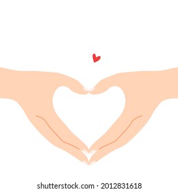 Beautiful hands making a heart shape to express feeling of love cartoon flat vector illustration isolated on white background. Sending romantic feeling with mini heart. Happy Valentine's Day.