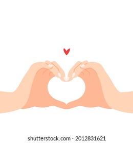 Beautiful hands making a heart shape to express feeling of love cartoon flat vector illustration isolated on white background. Sending romantic feeling with mini heart. Happy Valentine's Day.