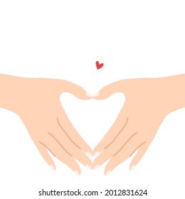 Hermosas manos con forma de corazón para expresar el sentimiento de amor caricatura ilustración vectorial plana aislada en fondo blanco. Enviando un sentimiento romántico con mini corazón. Feliz Día de San Valentín.