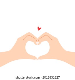 Beautiful hands making a heart shape to express feeling of love cartoon flat vector illustration isolated on white background. Sending romantic feeling with mini heart. Happy Valentine's Day.