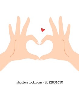 Beautiful hands making a heart shape to express feeling of love cartoon flat vector illustration isolated on white background. Sending romantic feeling with mini heart. Happy Valentine's Day.