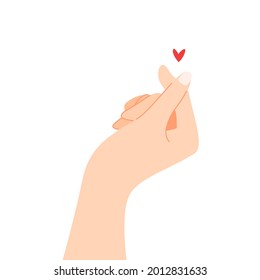 Beautiful hands making a heart shape to express feeling of love cartoon flat vector illustration isolated on white background. Sending romantic feeling with mini heart. Happy Valentine's Day.