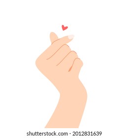 Beautiful hands making a heart shape to express feeling of love cartoon flat vector illustration isolated on white background. Sending romantic feeling with mini heart. Happy Valentine's Day.