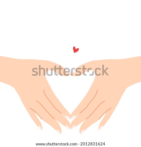 Beautiful hands making a heart shape to express feeling of love cartoon flat vector illustration isolated on white background. Sending romantic feeling with mini heart. Happy Valentine's Day.