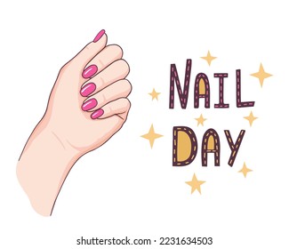 Hermosas manos con uñas rojas. Día de las uñas. Vector de manicura. Ilustración de moda para salón de belleza, uñas, maestros de manicura, cubiertas, tarjetas de felicitación, afiches, pegatinas, diseño estacional.